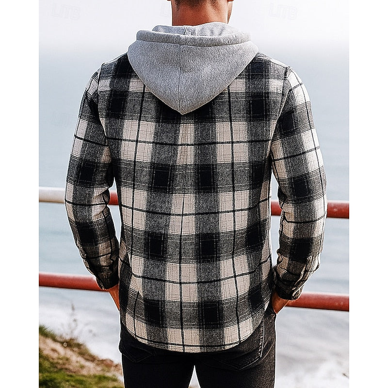 Men's black hooded checked shirt jacket for everyday winter wear