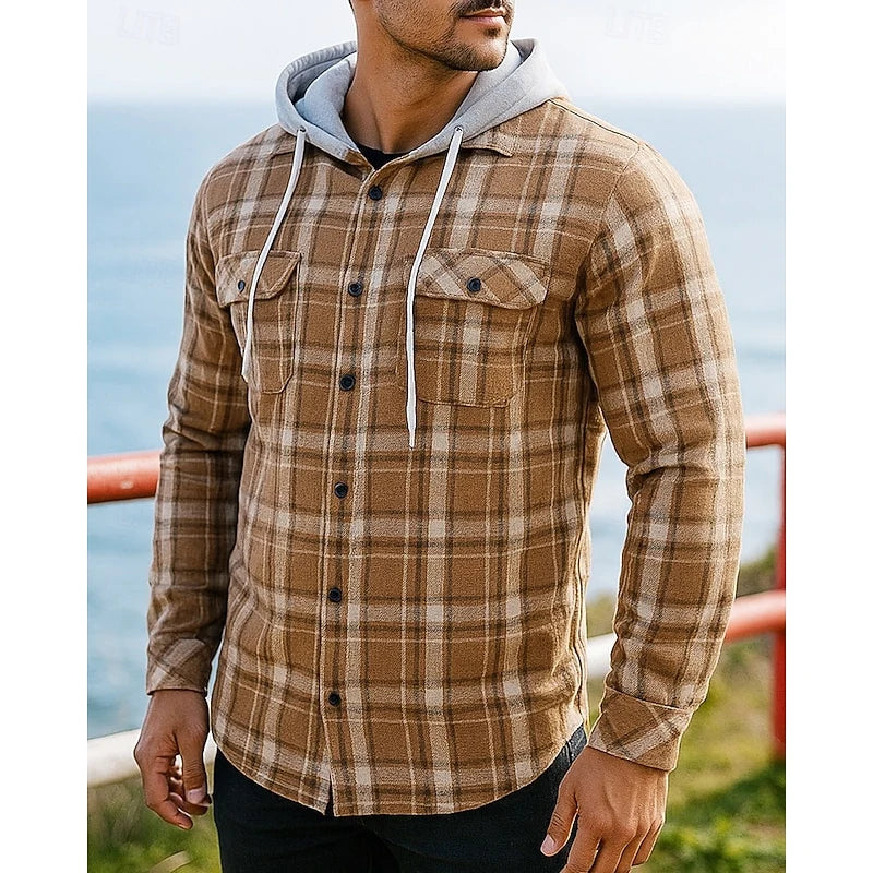 Men's khaki hooded checked shirt jacket for everyday winter wear