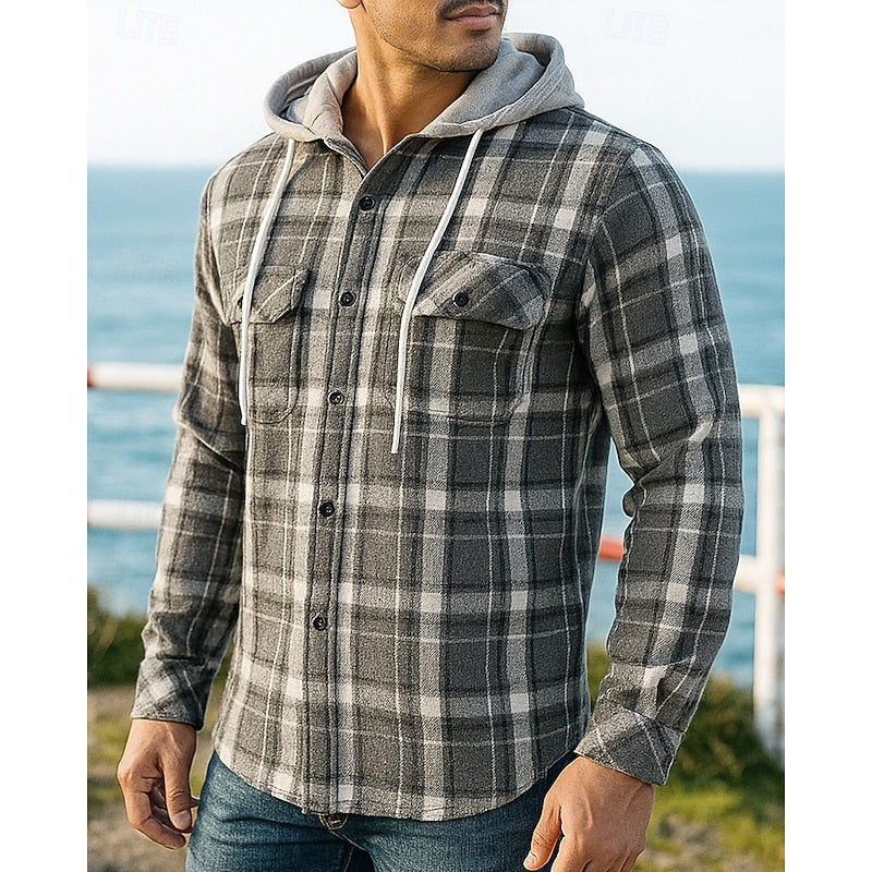Men's grey hooded checked shirt jacket for everyday winter wear