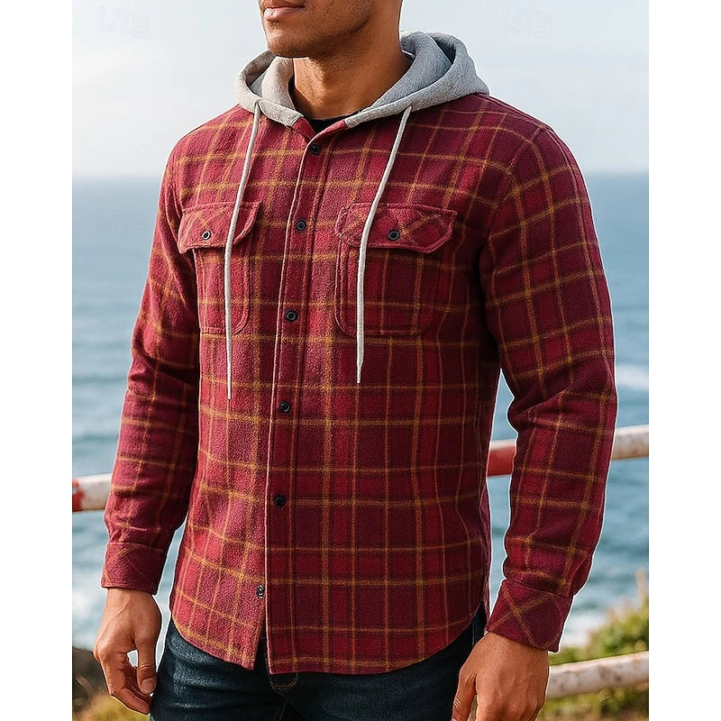 Men's red hooded checked shirt jacket for everyday winter wear