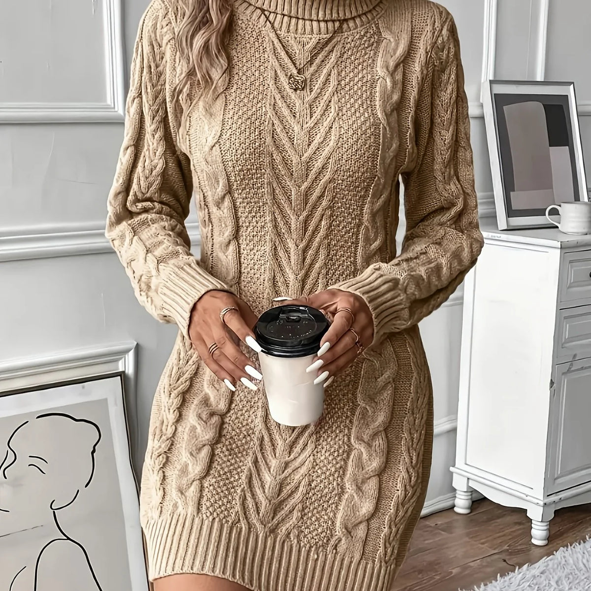 Women's khaki cosy cable knit sweater dress