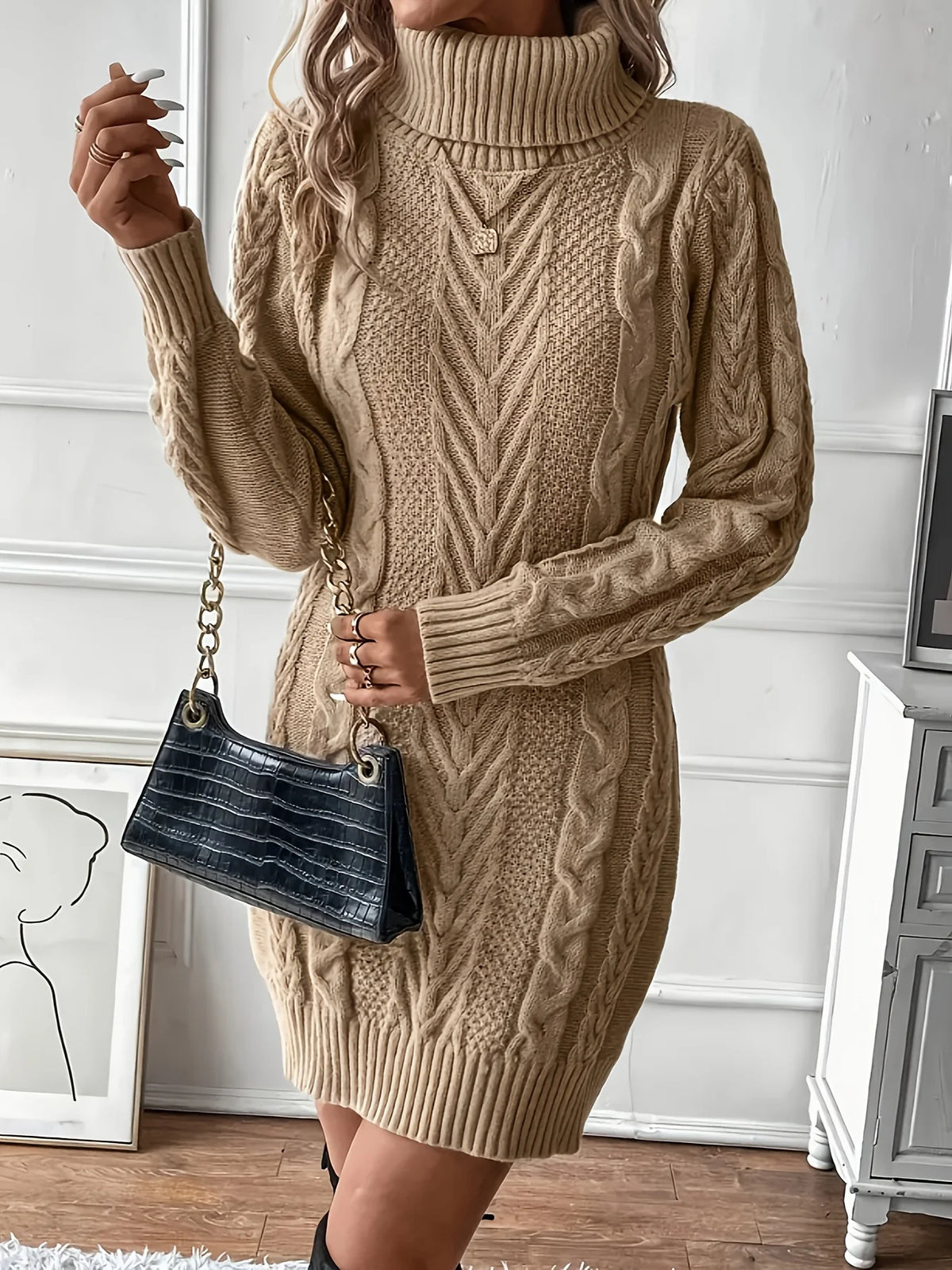 Women's khaki cosy cable knit sweater dress