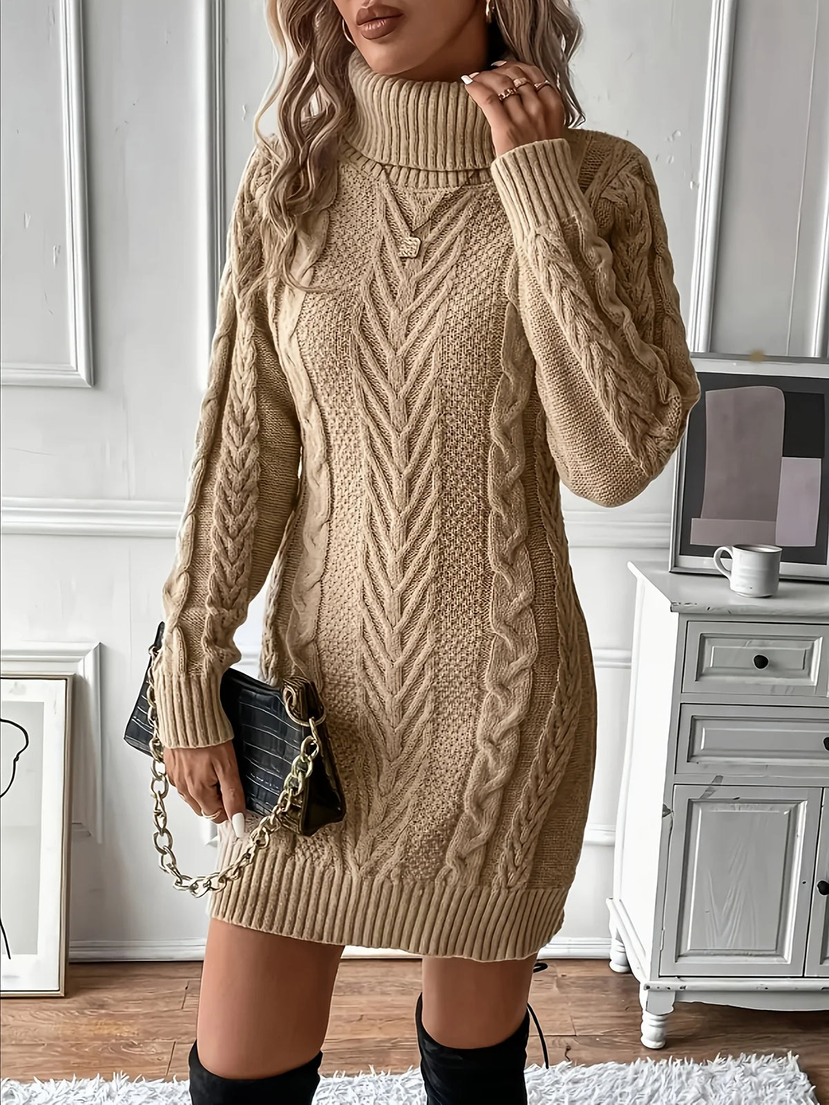 Women's khaki cosy cable knit sweater dress