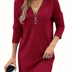 Women's burgundy zip-neck ribbed dress for cold autumn and winter days