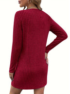 Women's burgundy zip-neck ribbed dress for cold autumn and winter days