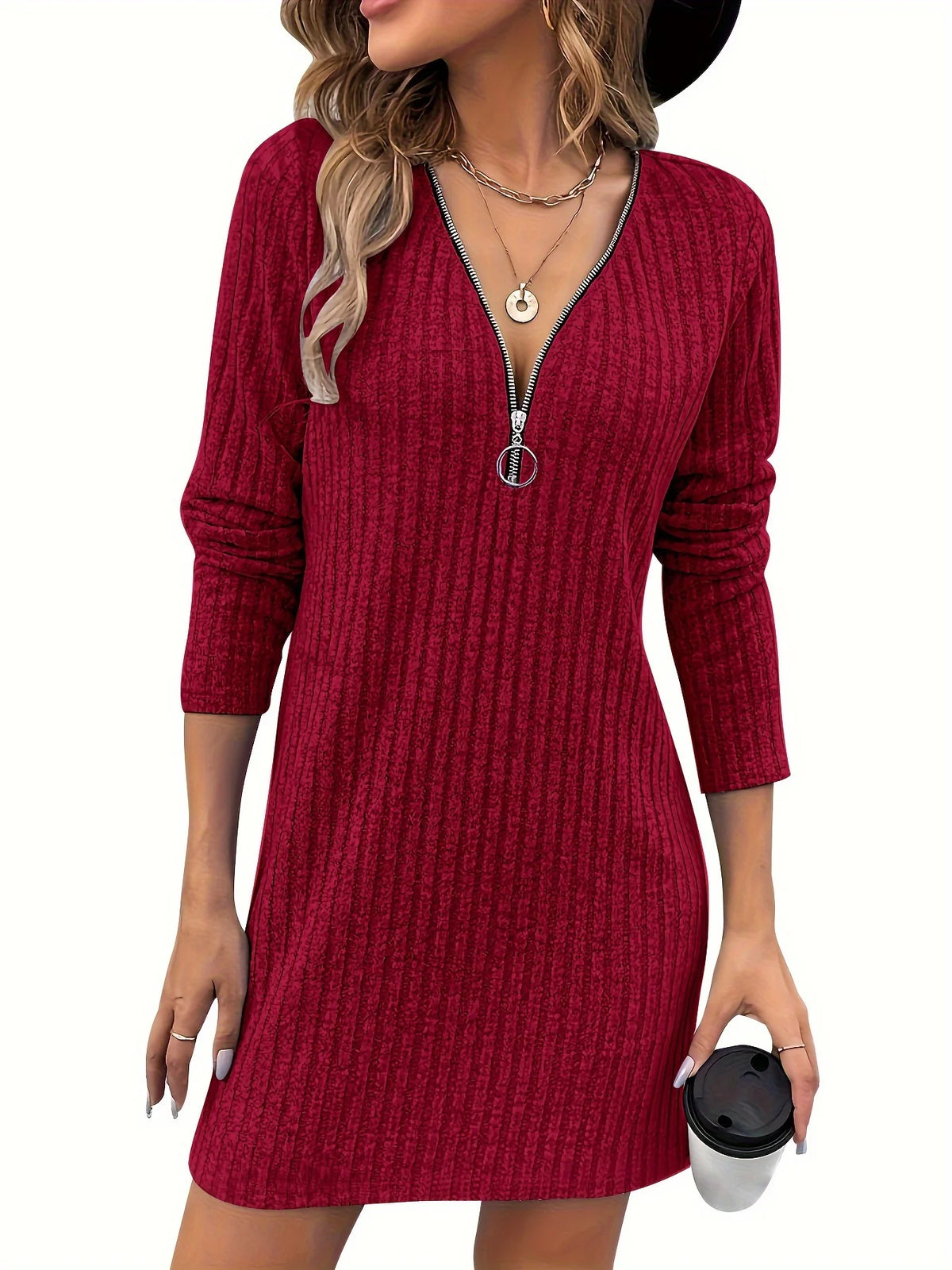 Women's burgundy zip-neck ribbed dress for cold autumn and winter days