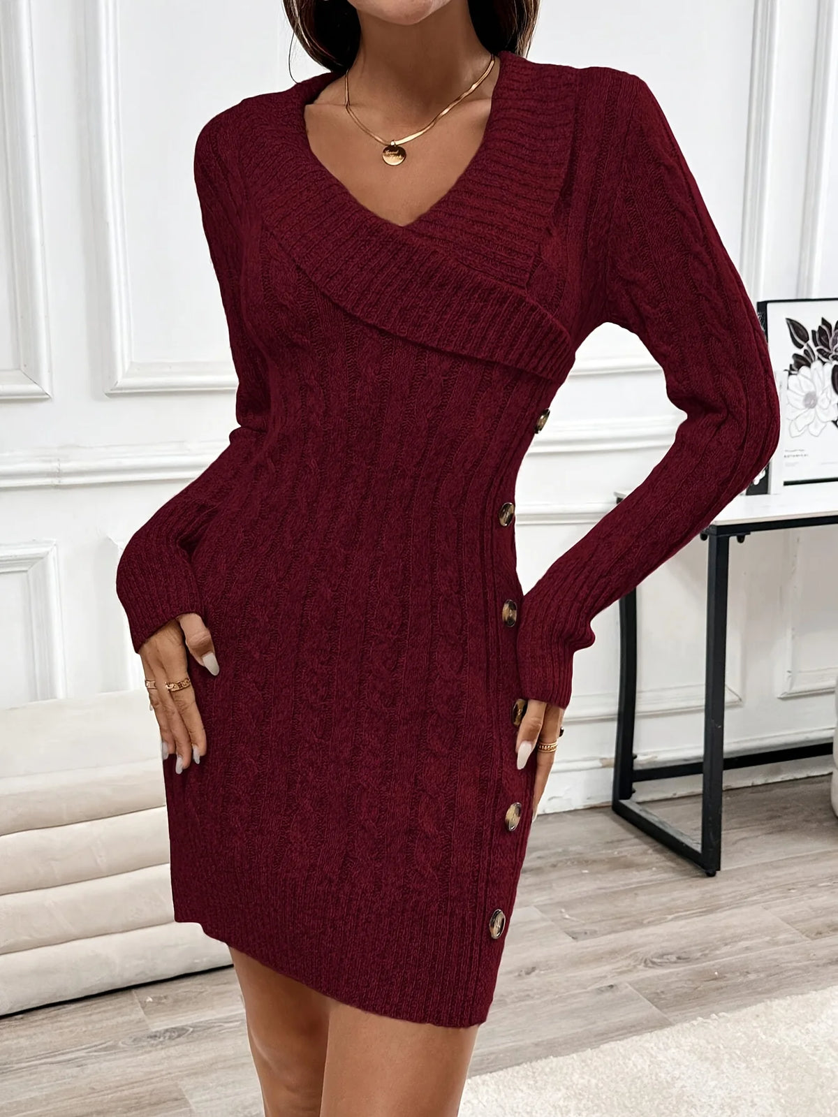 Women's burgundy halloween button-side v-neck dress