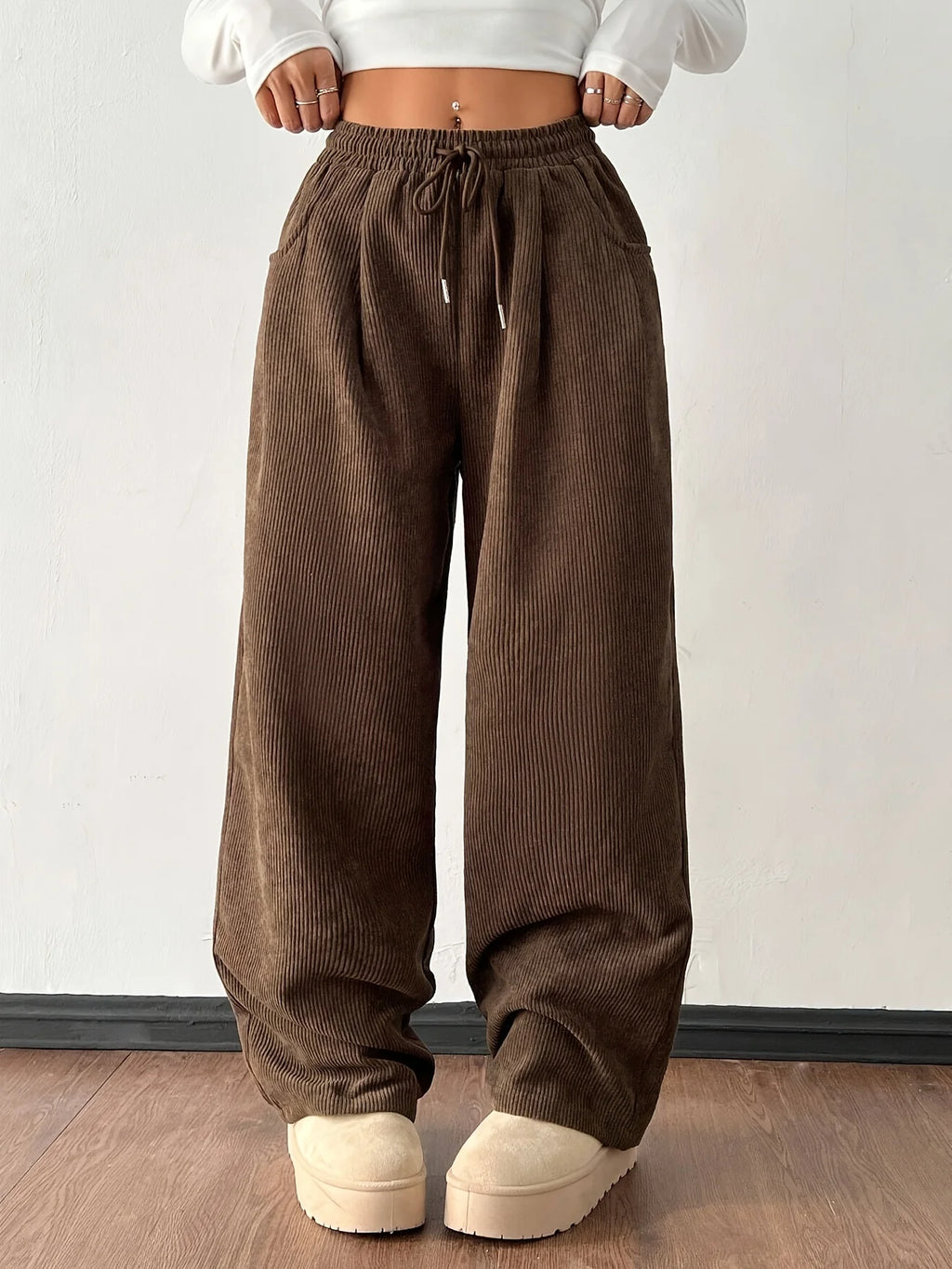 Women's dark brown relaxed wide-leg trousers