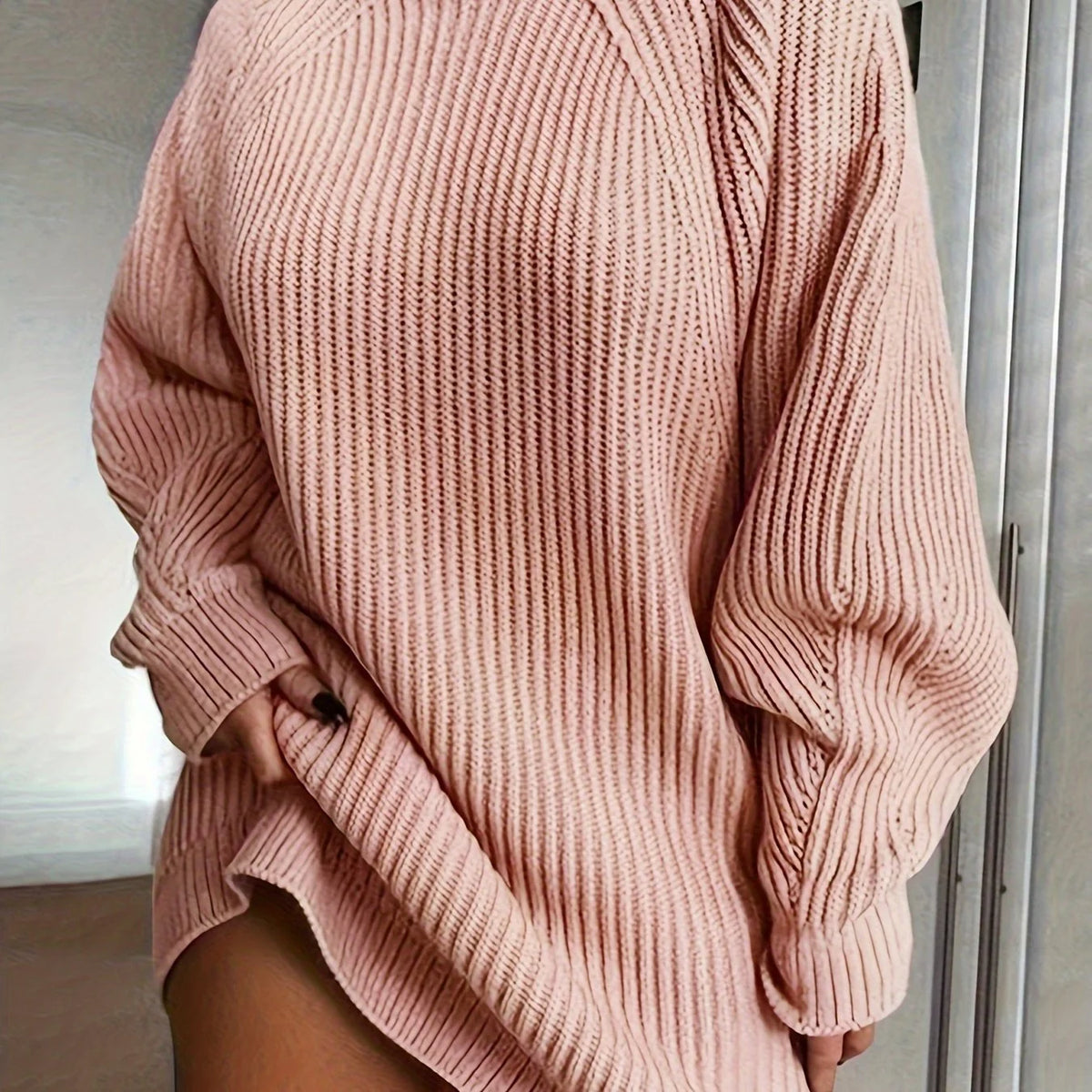 Women's pink half-turtleneck ribbed dress