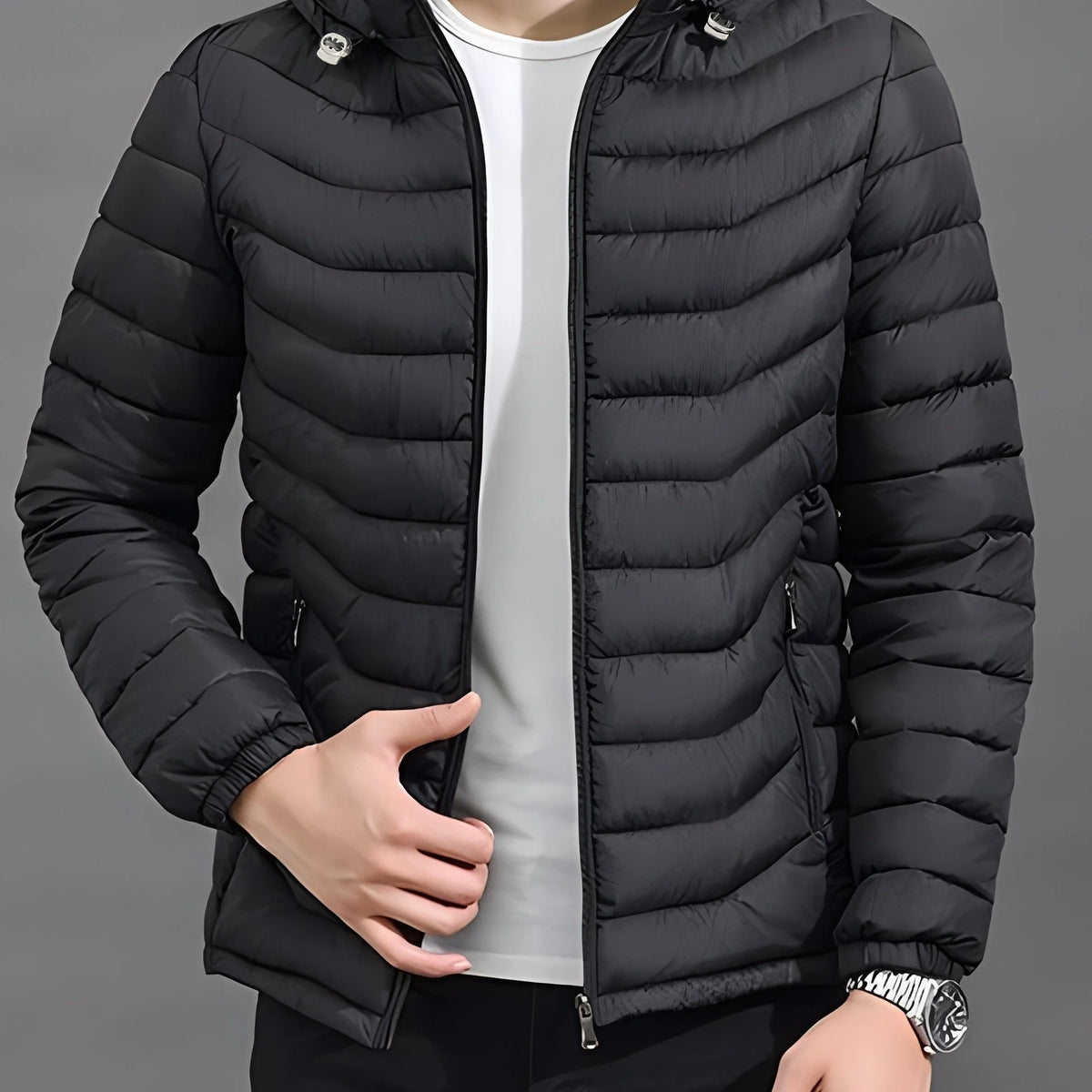 Men's black hooded padded jacket for cold autumn and winter days