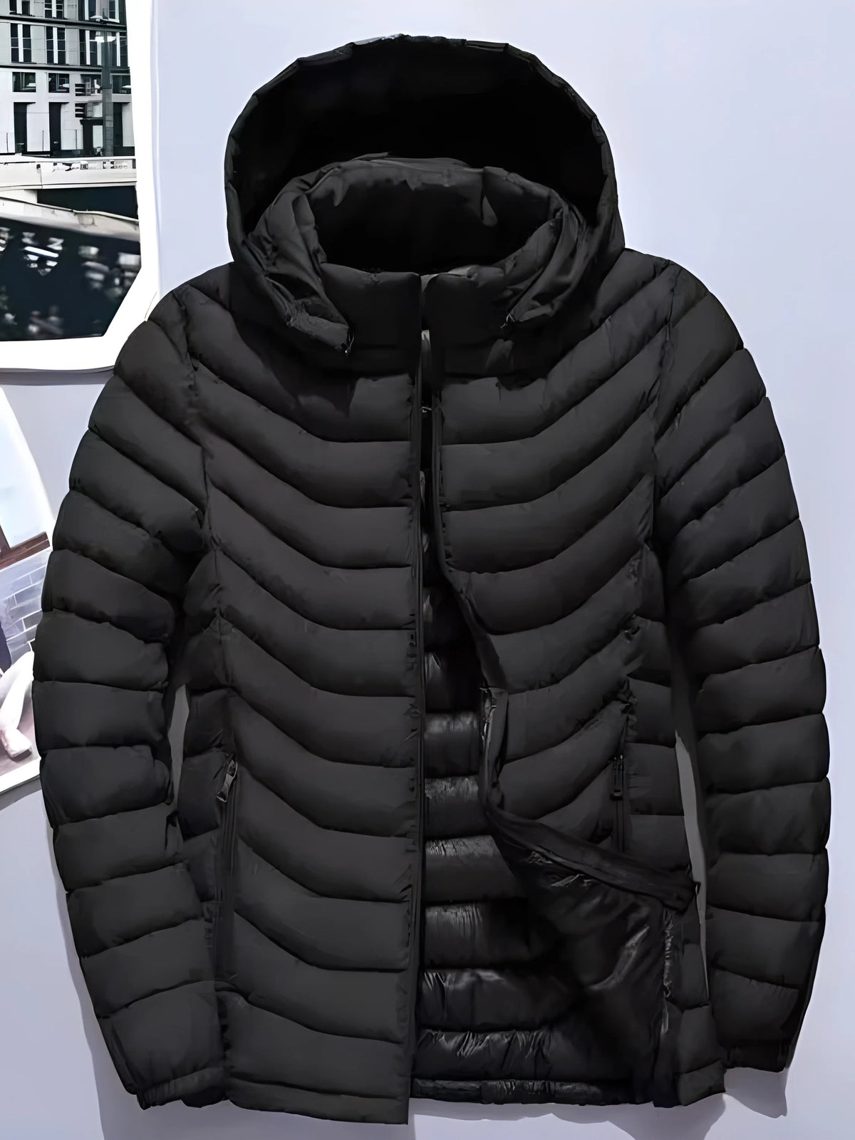 Men's black hooded padded jacket for cold autumn and winter days