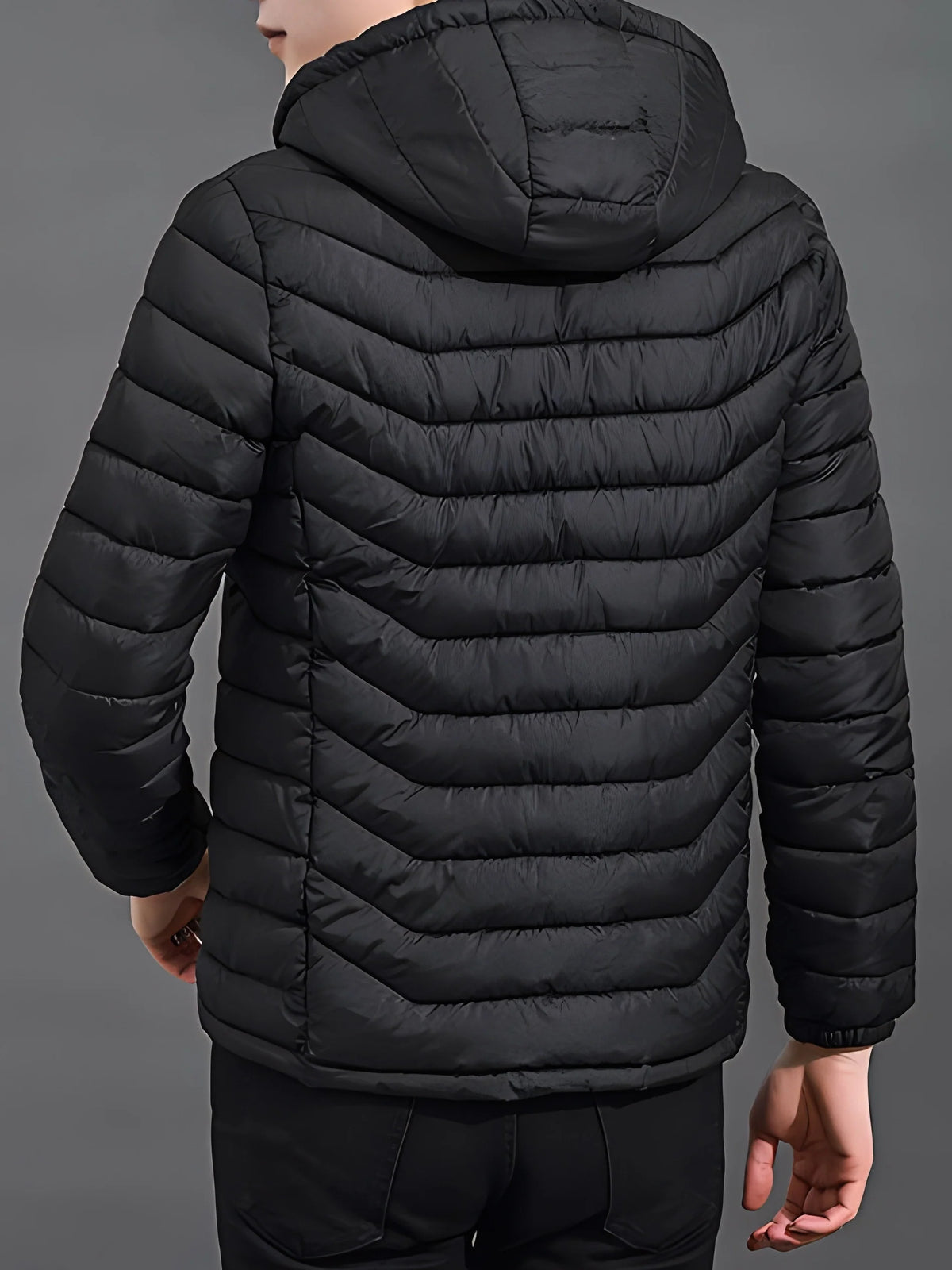 Men's black hooded padded jacket for cold autumn and winter days