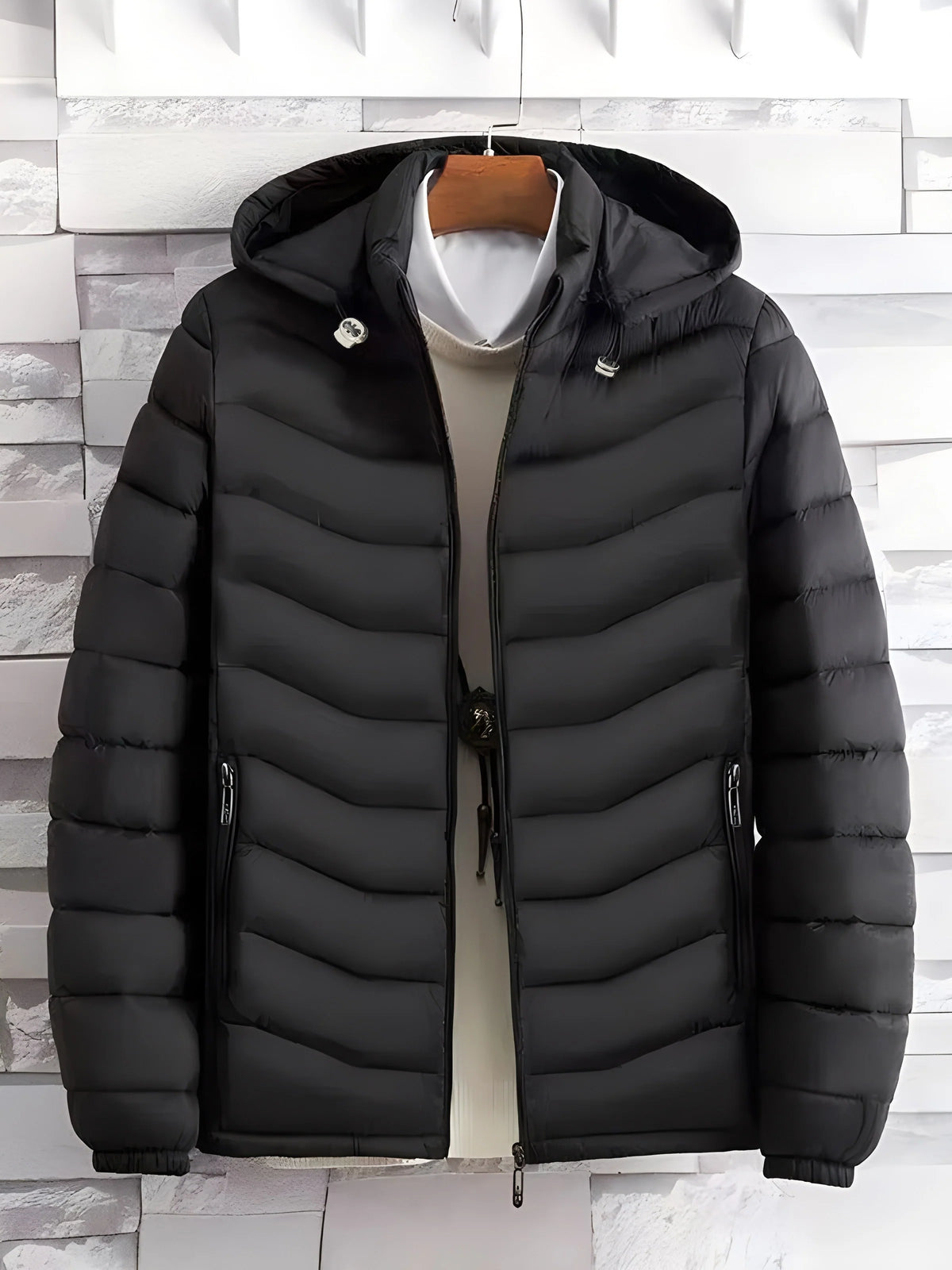 Men's black hooded padded jacket for cold autumn and winter days