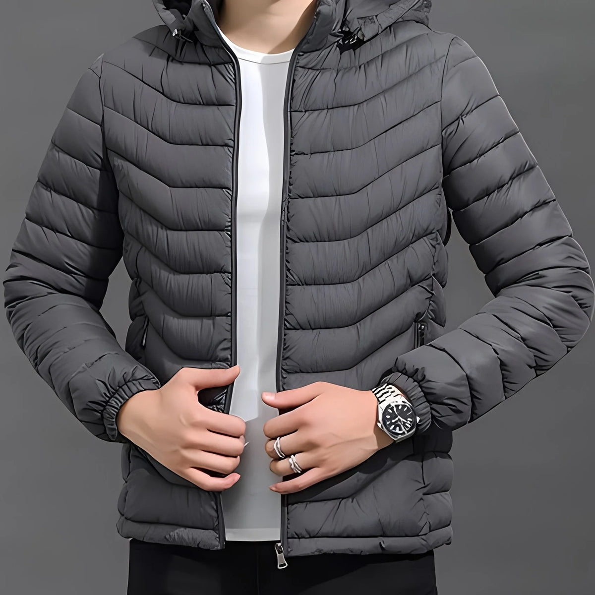 Men's black hooded padded jacket for cold autumn and winter days