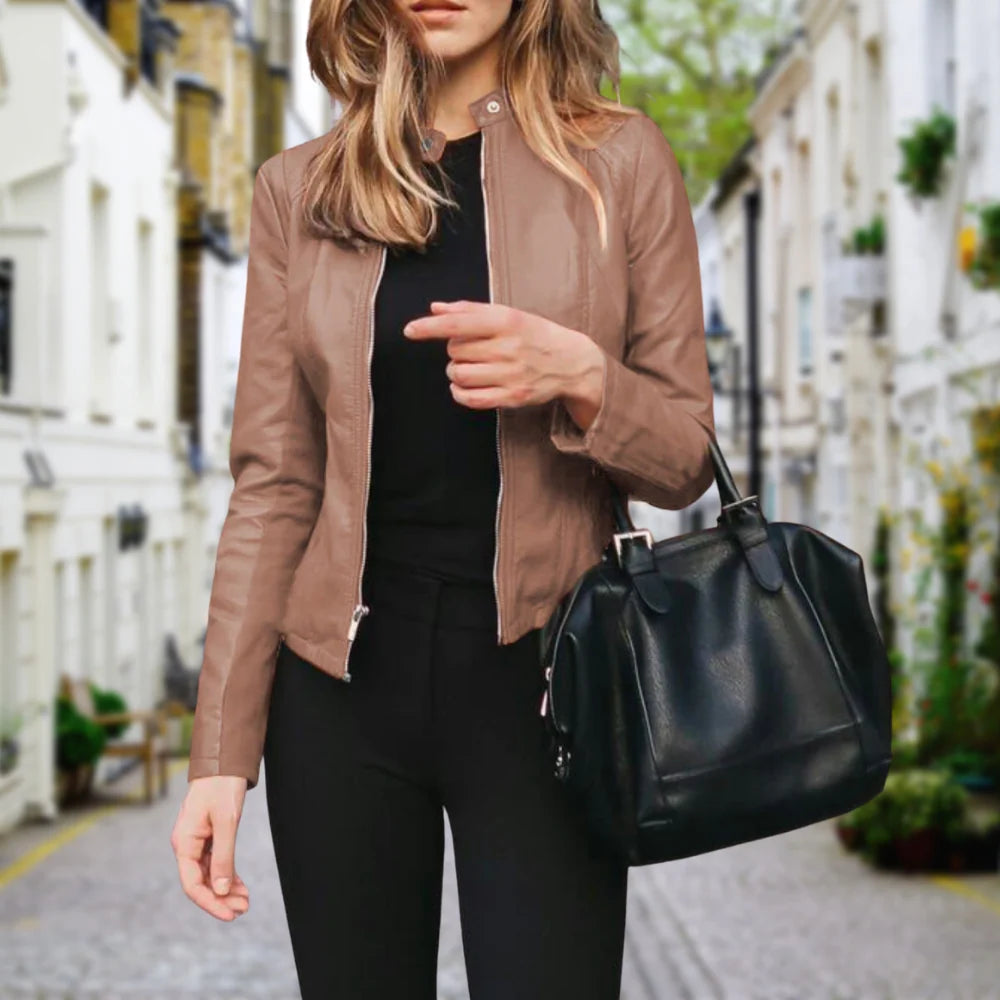 Women's beige cropped zip-front biker jacket for autumn and winter