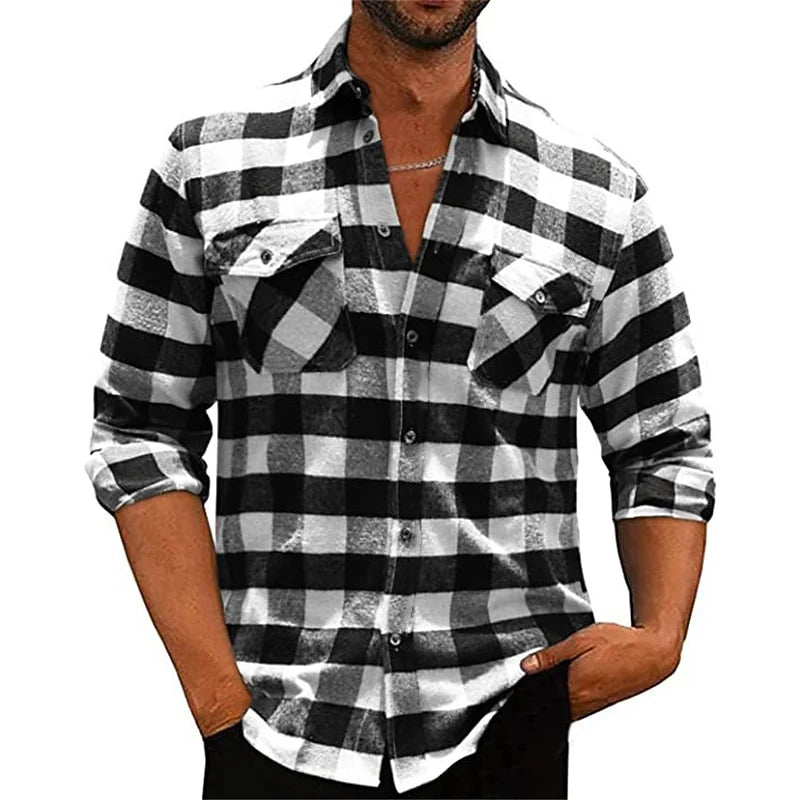 Men's white button-down check shirt for cold autumn and winter days