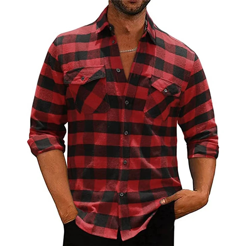 Men's red button-down check shirt for cold autumn and winter days