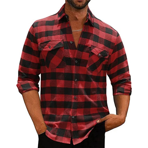 Men's red button-down check shirt for cold autumn and winter days