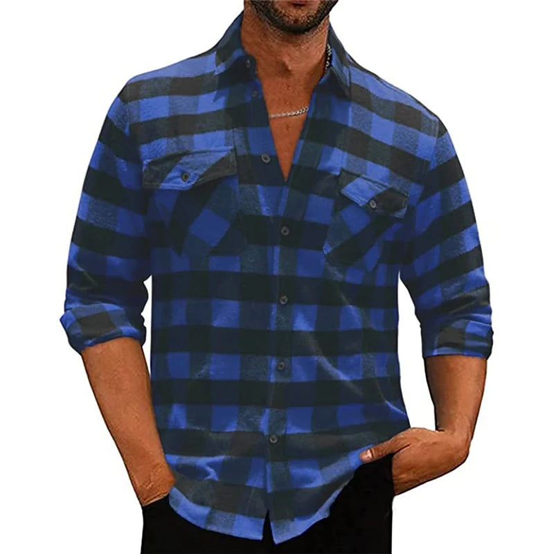 Men's blue button-down check shirt for cold autumn and winter days