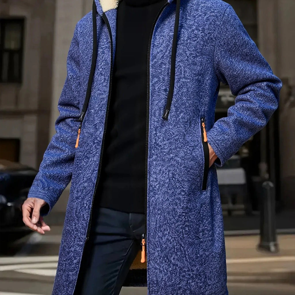Men's navy hooded longline coat for the colder autumn and winter months