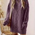Women's purple relaxed cable knit jumper dress for autumn and winter
