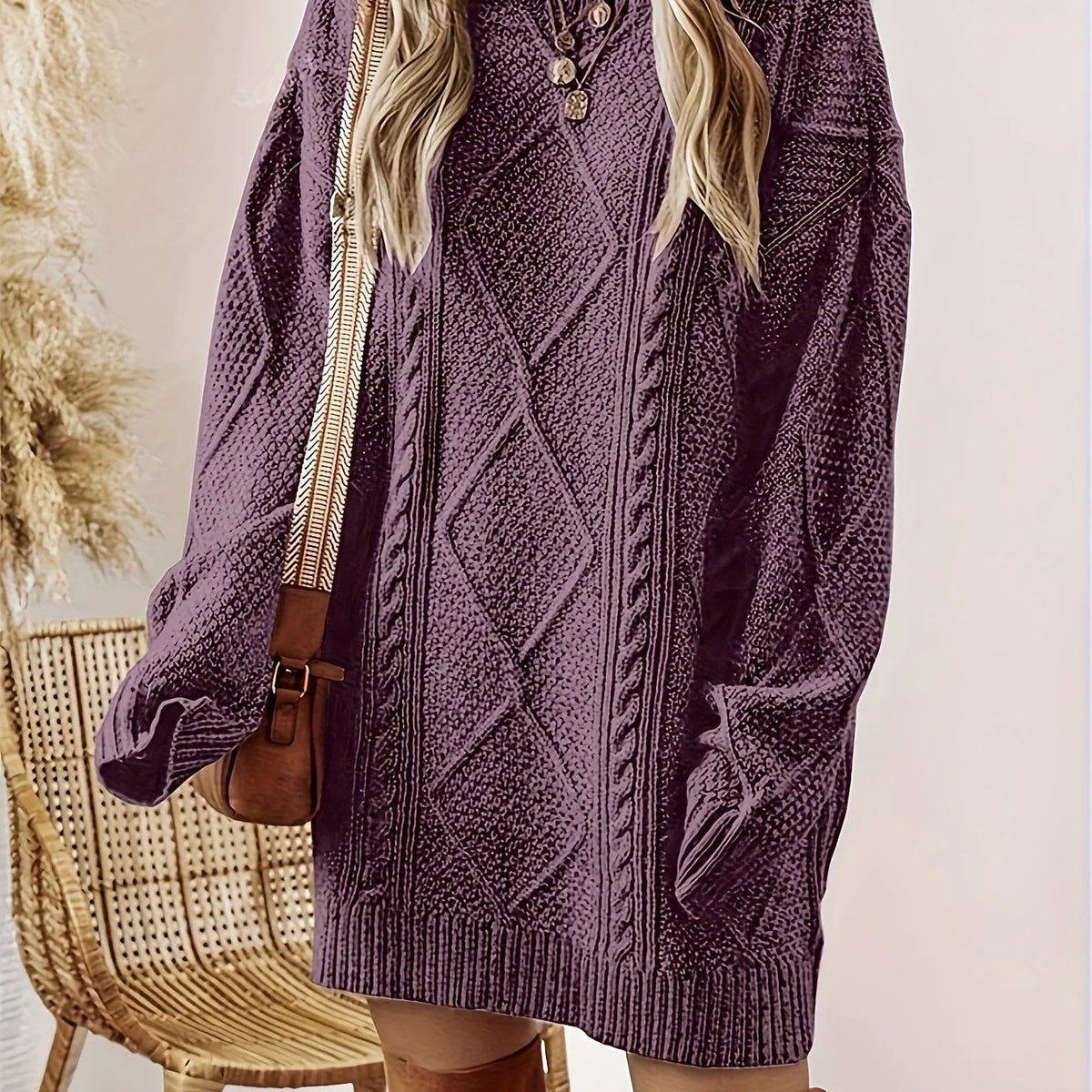 Women's purple relaxed cable knit jumper dress for autumn and winter
