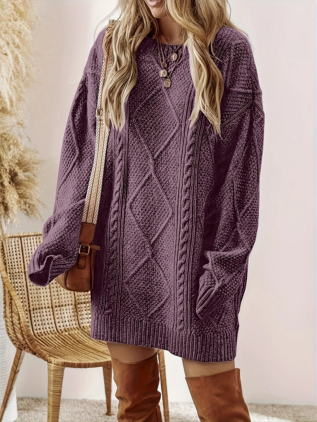 Women's purple relaxed cable knit jumper dress for autumn and winter