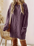Women's purple relaxed cable knit jumper dress for autumn and winter