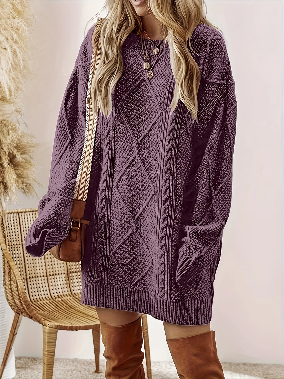 Women's purple relaxed cable knit jumper dress for autumn and winter