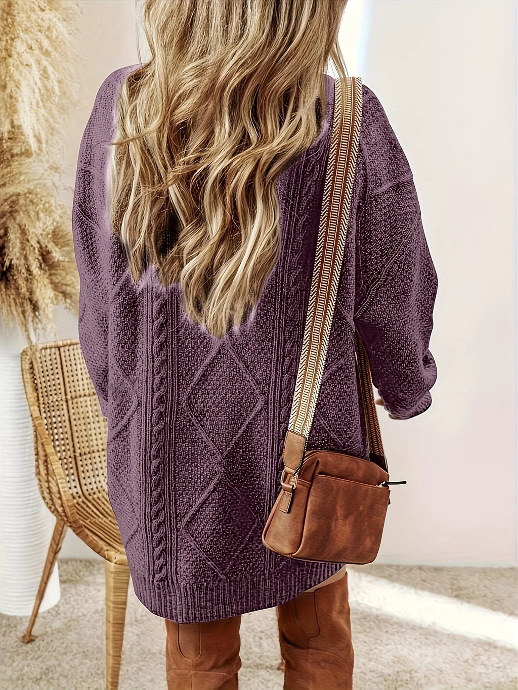 Women's purple relaxed cable knit jumper dress for autumn and winter