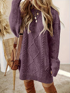 Women's purple relaxed cable knit jumper dress for autumn and winter