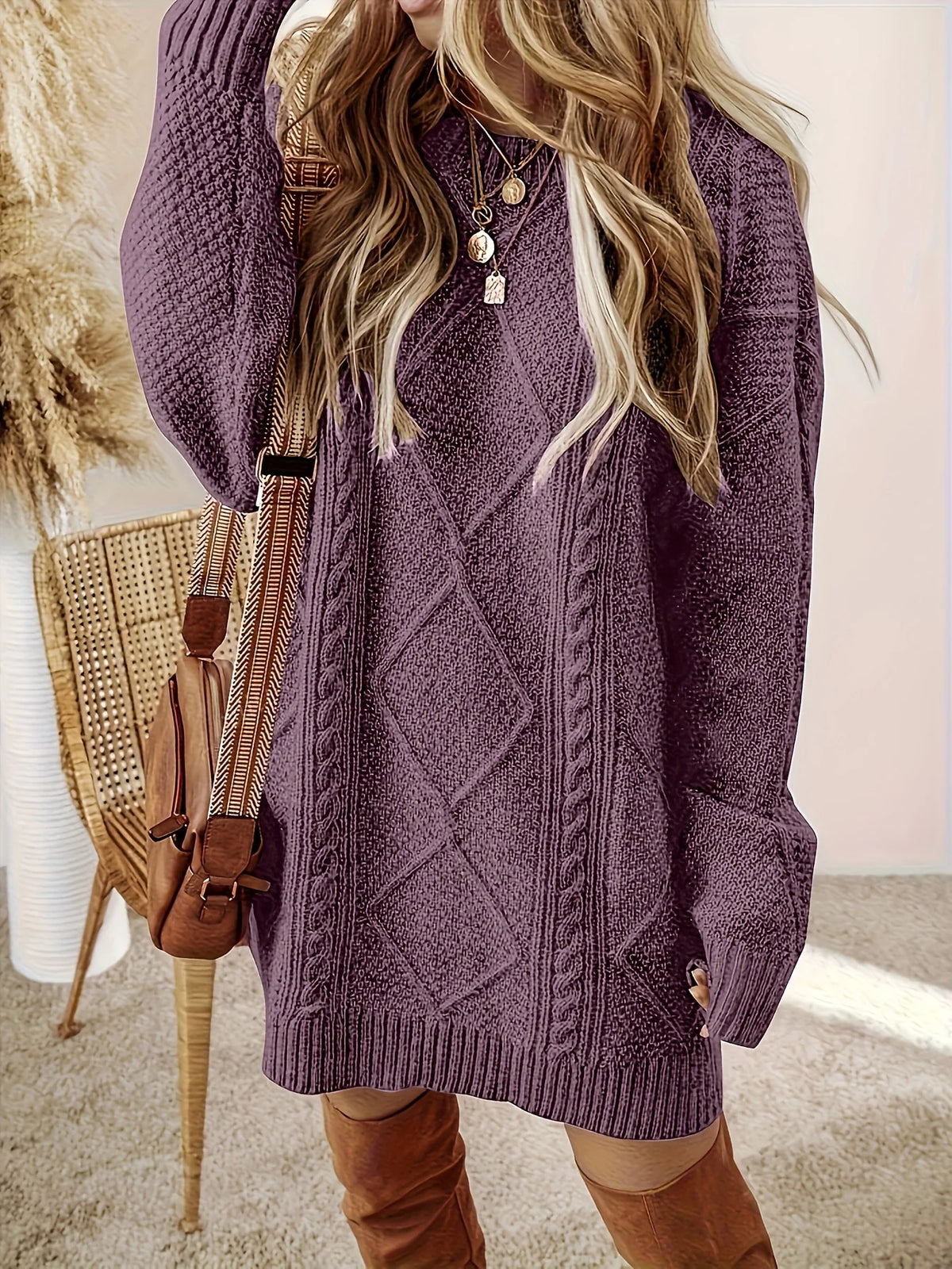 Women's purple relaxed cable knit jumper dress for autumn and winter