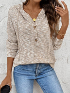 Women's oatmeal button-neck hooded sweatshirt for everyday winter wear