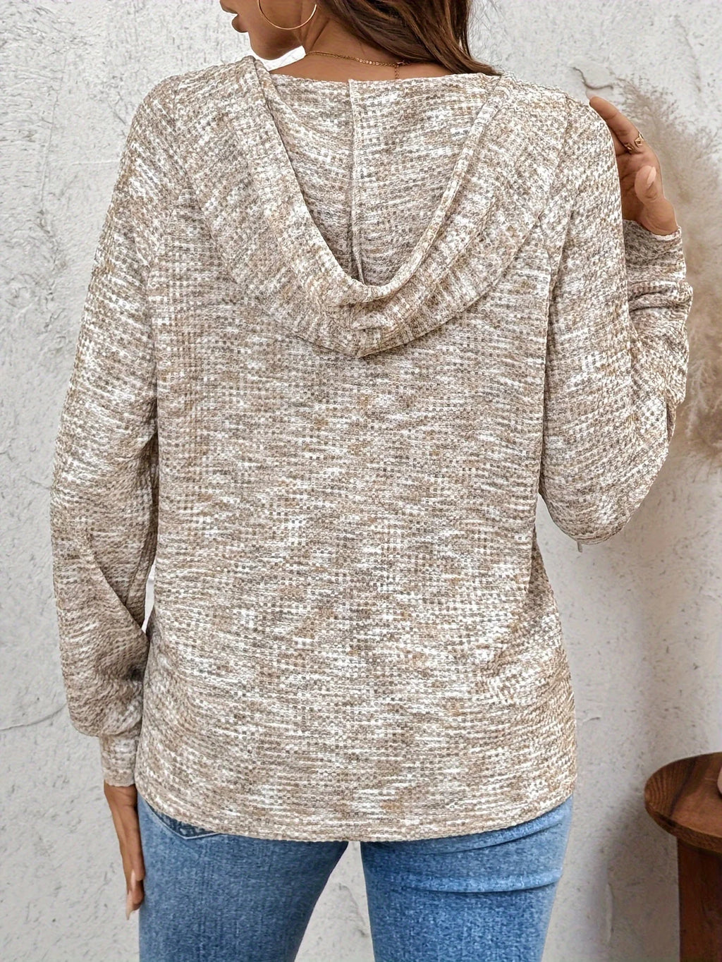 Women's oatmeal button-neck hooded sweatshirt for everyday winter wear
