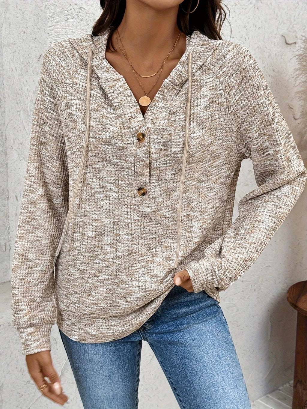 Women's oatmeal button-neck hooded sweatshirt for everyday winter wear