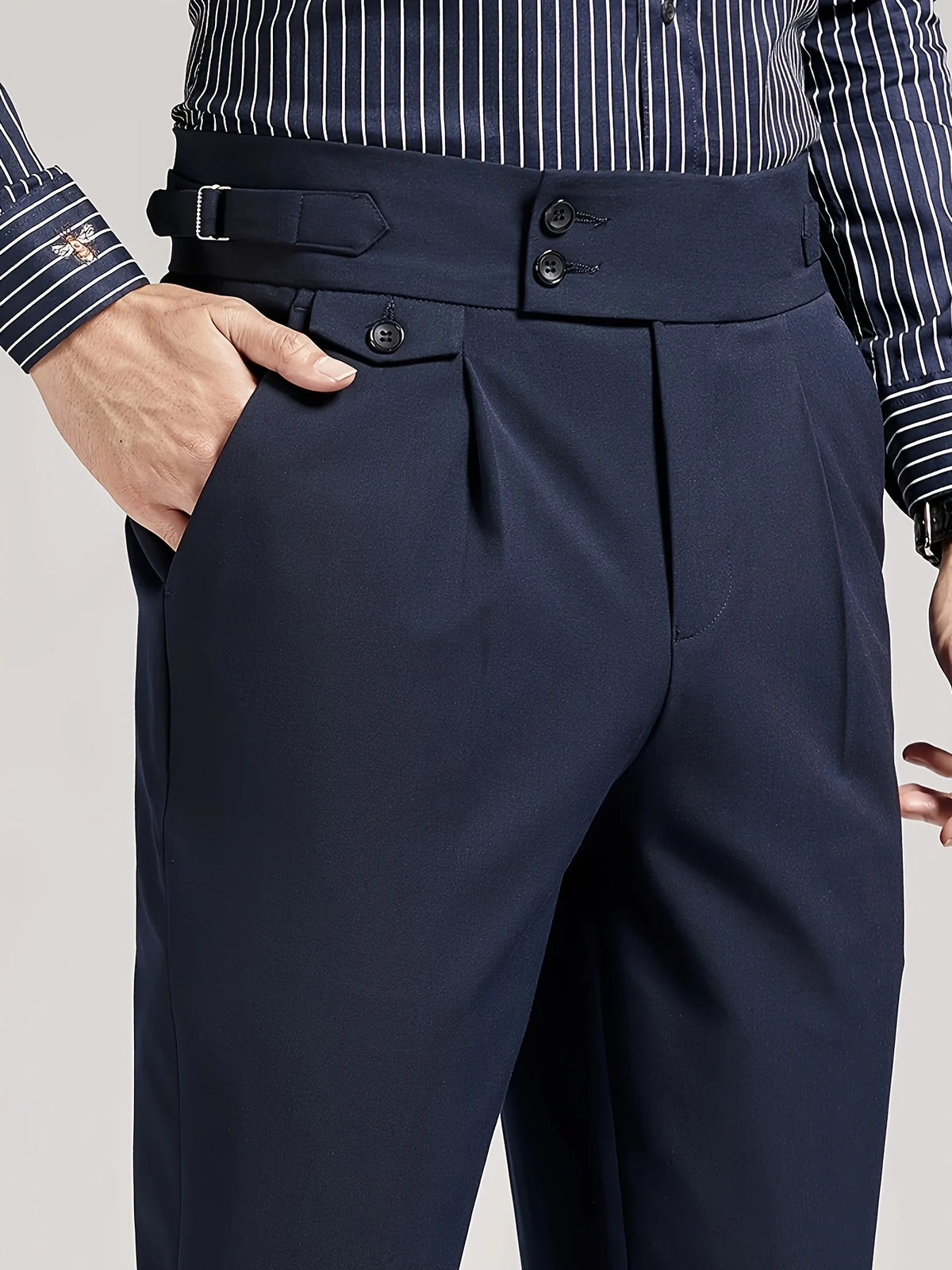 Men's navy single-pleat trousers for chilly autumn and winter days