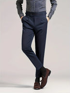 Men's light brown single-pleat trousers for chilly autumn and winter days