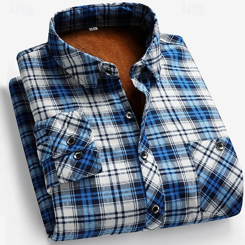 Men's blue brushed checked shirt for chilly autumn and winter days