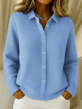 Women's blue button-front cardigan with collar and cuffs for autumn