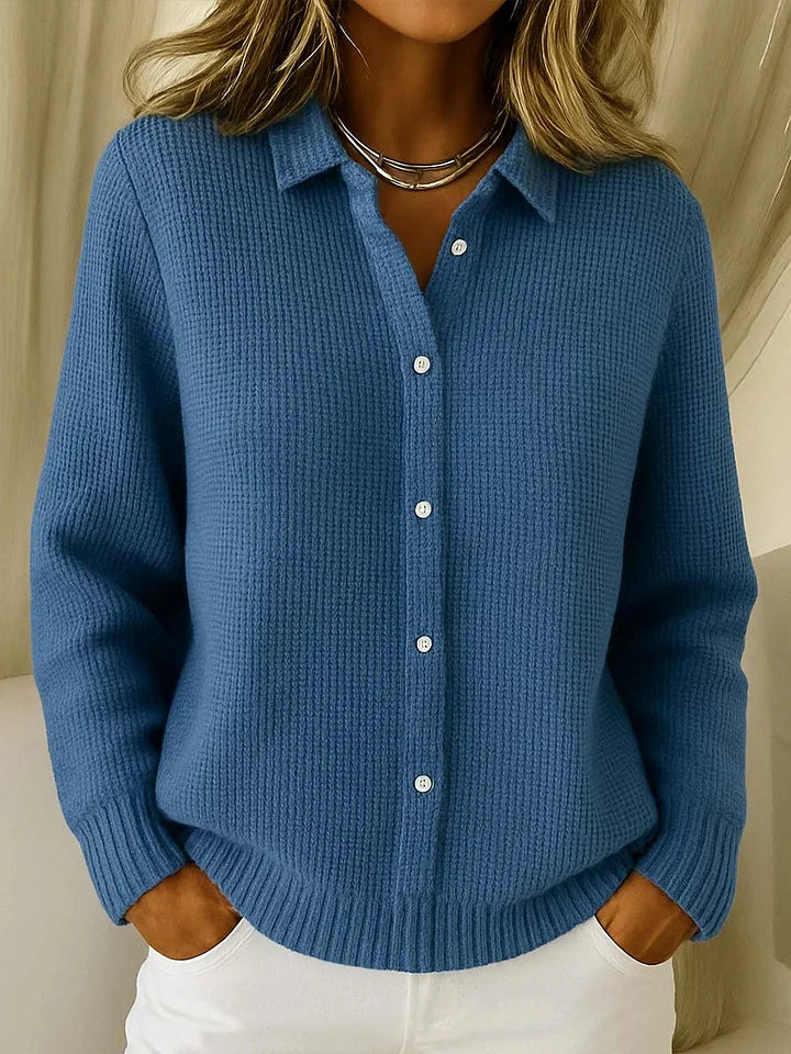 Women's dark blue button-front cardigan with collar and cuffs for autumn