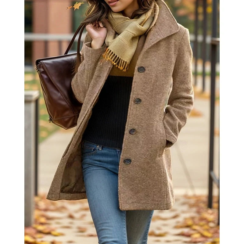 Women's khaki button-front turndown collar coat for autumn and winter