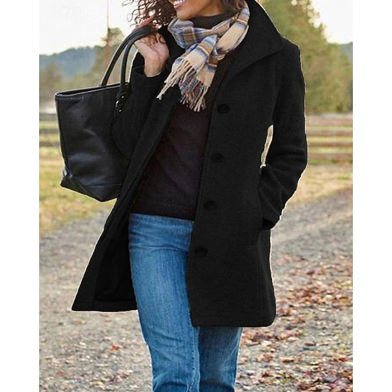 Women's black button-front turndown collar coat for autumn and winter