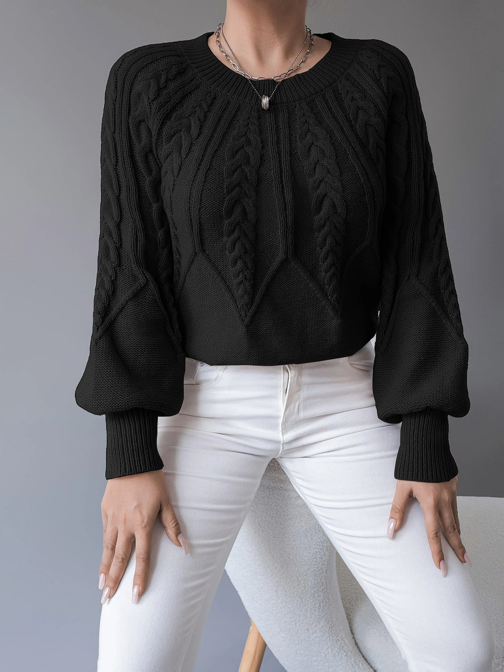 Women's apricot cropped cable knit jumper with lantern sleeves for winter