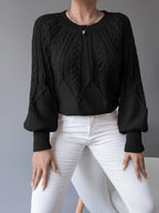 Women's apricot cropped cable knit jumper with lantern sleeves for winter
