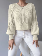 Women's apricot cropped cable knit jumper with lantern sleeves for winter