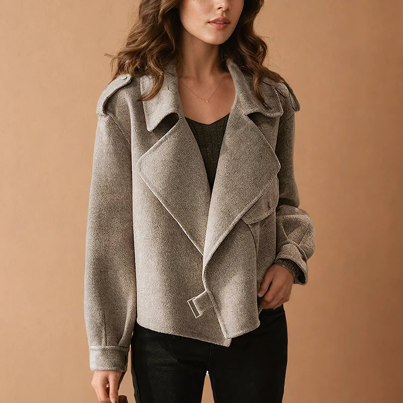 Women's beige cropped biker jacket with wide collar for winter wear