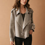 Women's beige cropped biker jacket with wide collar for winter wear