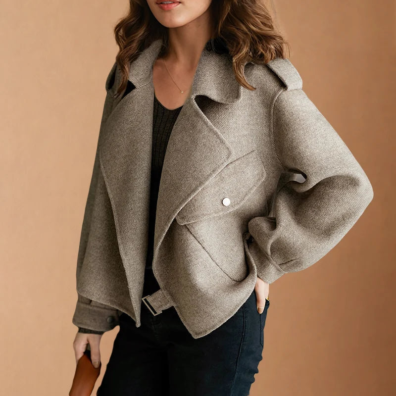 Women's beige cropped biker jacket with wide collar for winter wear