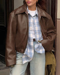 Women's brown cropped matte biker jacket with front zip for layering