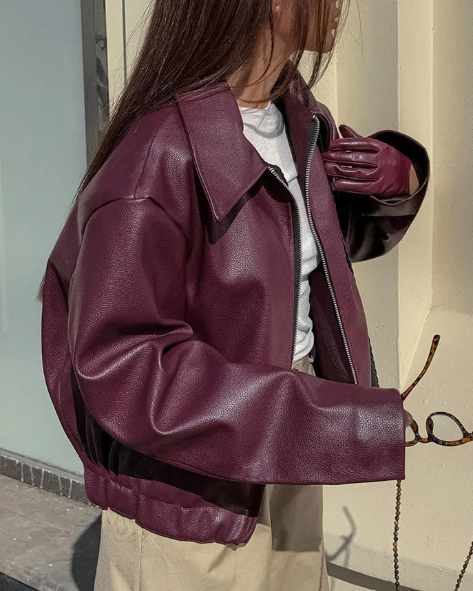 Women's burgundy cropped matte biker jacket with front zip for layering